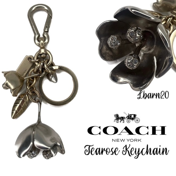 Coach Tearose Silver Plated Metal Keychain Fob NWOT Swarovski Crystals Flower - Picture 1 of 5